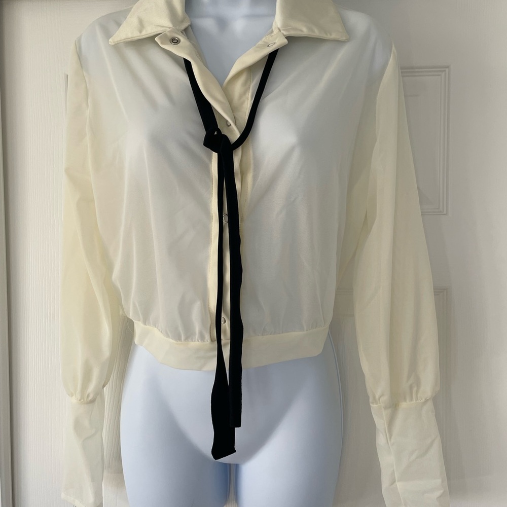 Sheer Cream Blouse with Black Tie Accent